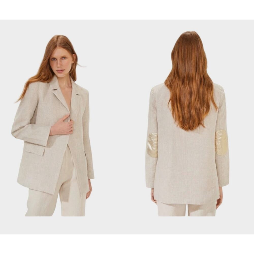 Lanhtropy Linen Blazer Womens Small Beige Gold Tone Star Patch Minimalist